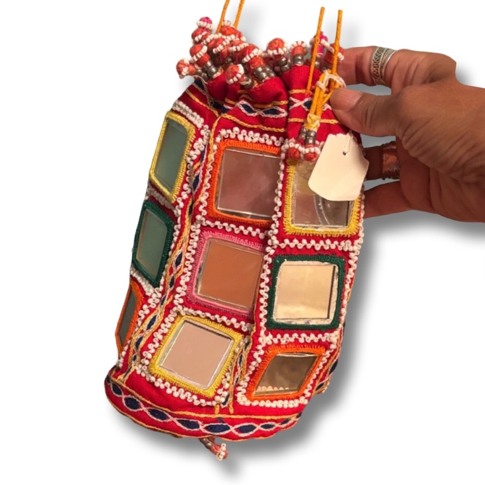 Colorful Embroidered Mirrored Indian Drawstring Bag NWT